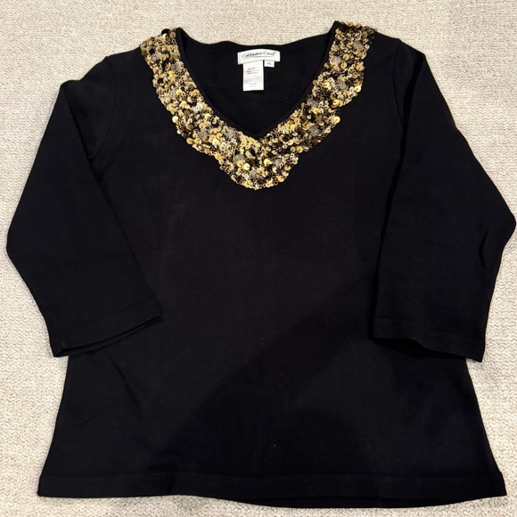 Coldwater Creek Black 100% Cotton Sequin Neckline Top 3/4 Sleeve Petite - Picture 2 of 5